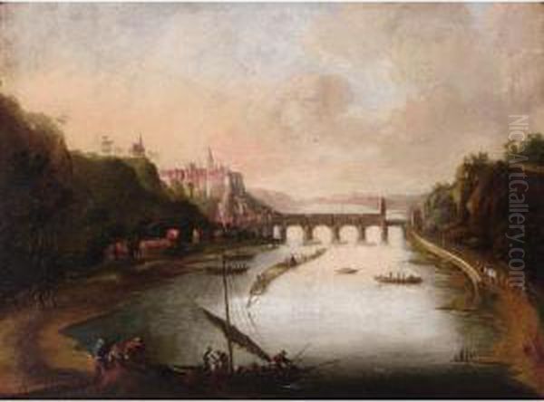 View Of The Elbe, With Castle Sonnenstein, Saxony Oil Painting by Johann Christian Brand