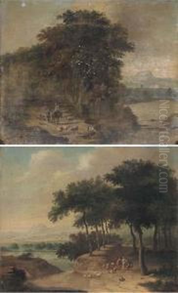 A Wooded River Landscape With A 
Shepherd And Shepherdess And Theirflock; And A Wooded River Landscape 
With A Shepherd And Shepherdessand Their Flock On A Track Oil Painting by Johann Christian Brand