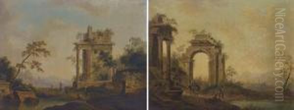 An Italianate Landscape With 
Figures By Roman Ruins; And An Italianate Landscape With Figures By A 
Fountain Near A Ruined Roman Archway Oil Painting by Johann Christian Brand