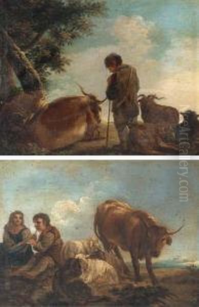 A Hilltop With A Shepherd And 
His Flock; And A Landscape With Ashepherd Playing A Flute To A 
Shepherdess Oil Painting by Domenico Brandi