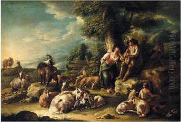 Landscape With A Shepherd Playing His Pipe And A Diarymaid, With Their Flock Oil Painting by Domenico Brandi