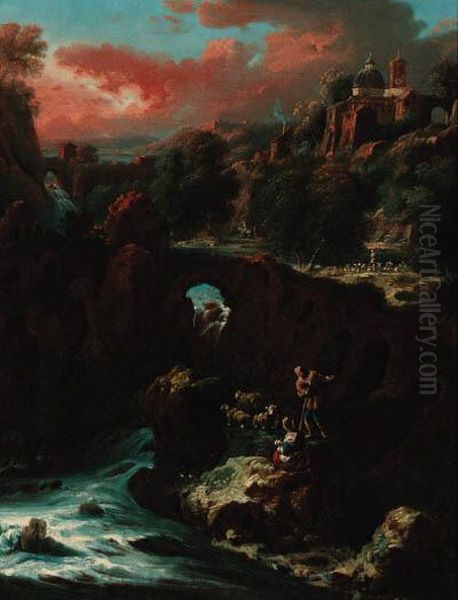 An Italianate River Landscape 
With A Shepherd Driving His Flock, Avillage Beyond; And An Italianate 
River Landscape At Sunset Withshepherds And Their Flock, A Town Beyond Oil Painting by Domenico Brandi