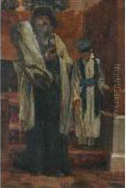 Edouard Attribue A. Le Rabbin Portant La Thora Et Le Bar -mitzwa Oil Painting by Edouard Brandon