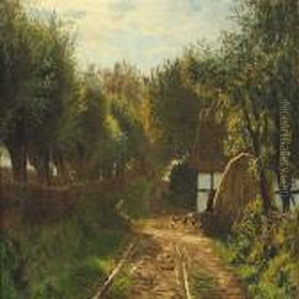Farm Exterior With Young Girl Sitting In The Sun Looking At The Hens Oil Painting by Johannes Herman Brandt