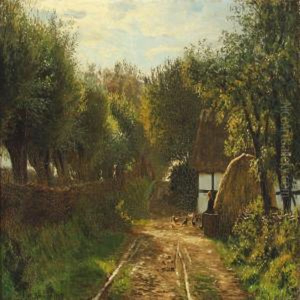 Farm Exterior With Young Girl Sitting In The Sun Looking Atthe Hens Oil Painting by Johannes Herman Brandt
