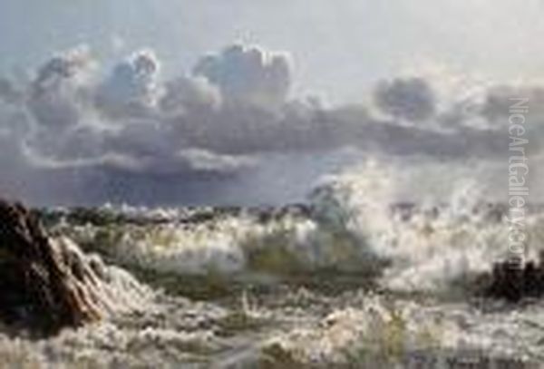 Waves Breaking Over A Rocky Coastline Oil Painting by Johannes Herman Brandt