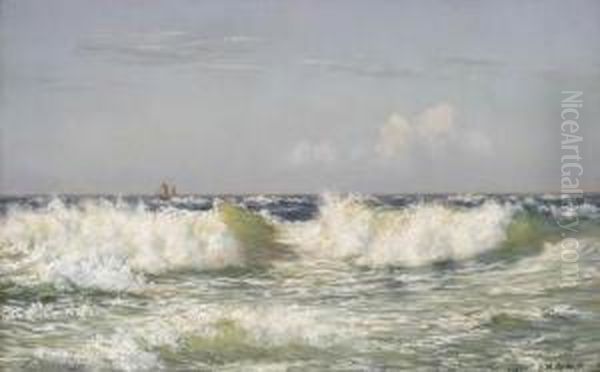 Breakers Off The Coast, A Vessel Beyond Oil Painting by Johannes Herman Brandt