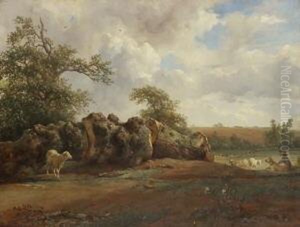 Hirte Mit Schafen Bei Einem
 Gefallten Baum. Oil Painting by Jacques Raymond Bracassat