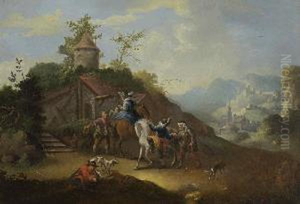 Rastende Jagdgesellschaft Bei
 Einem Bettler. Oil Painting by Wenzel Ignaz Prasch