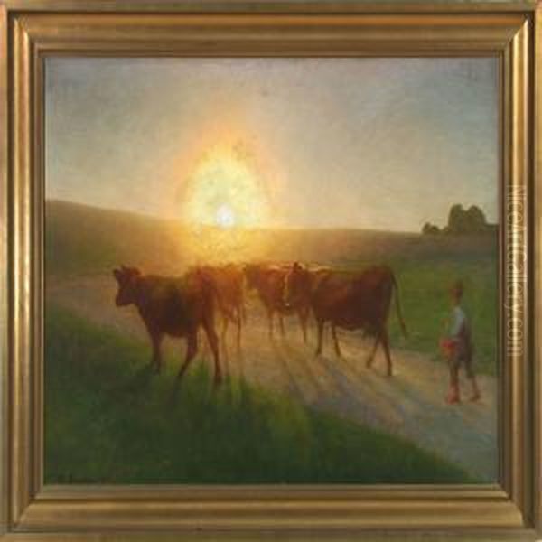 Cows Are Brought Home At
Sunset Oil Painting by Hans Ole Brasen