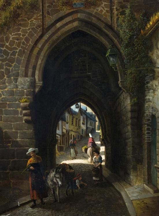 Archway Of The Porte Du Jersual Indinan, 
France With Figures. Oil Painting by William A. Breakspeare