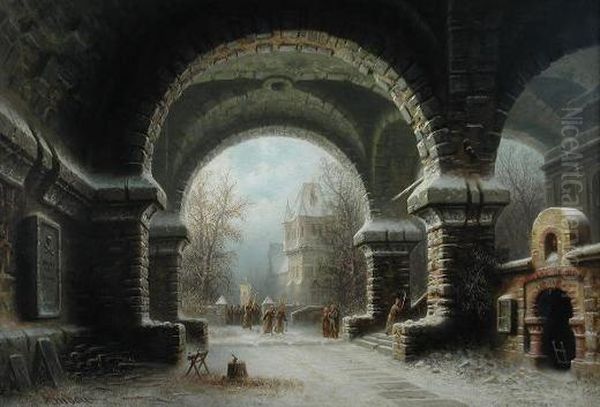 Awinter Scene With A Religious Procession Through The Gates Of Acathedral Oil Painting by Albert Bredow