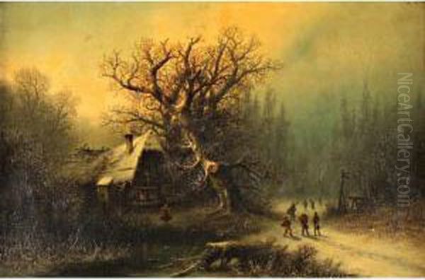Le Retour Des Musiciens Dans Un 
Paysage D Hiver Huile Sur Toile Signee En Bas A Droite. 67 X 104 Cm Oil Painting by Albert Bredow