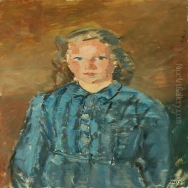 Portrait Of A Girl In Blue Dress Oil Painting by Axel Bredsdorff