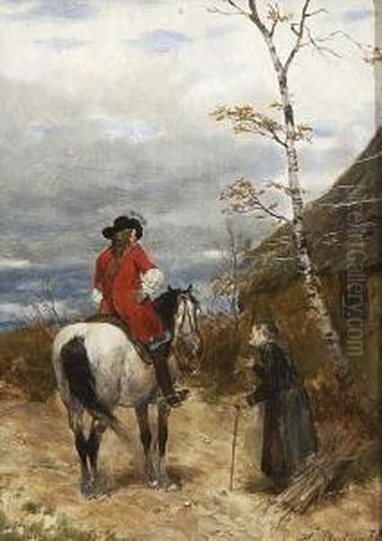 Vornehmer Reiter Und Bettelnde
 Reisigsammlerin. Oil Painting by Heinrich Breling