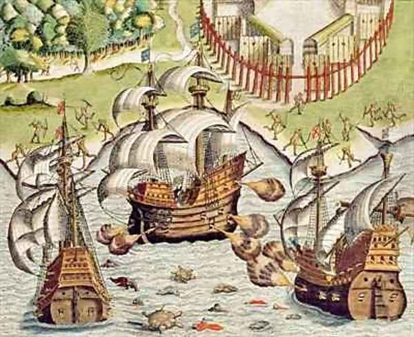 Naval Battle between the Portuguese and French in the Seas off the Potiguaran Territories Oil Painting by Theodore de Bry