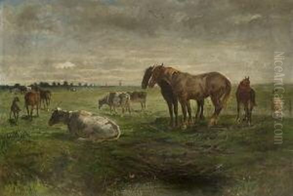 Kuhe, Pferde Und Ein Schaf Auf Der
 Weide. Oil Painting by Albert Heinrich Brendel