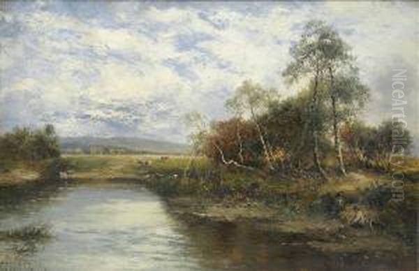 A Quiet Backwater,summer River 
Landscape With Anglers And Dog, Cattle Watering In Theshallows Beyond Oil Painting by Carl Brennir
