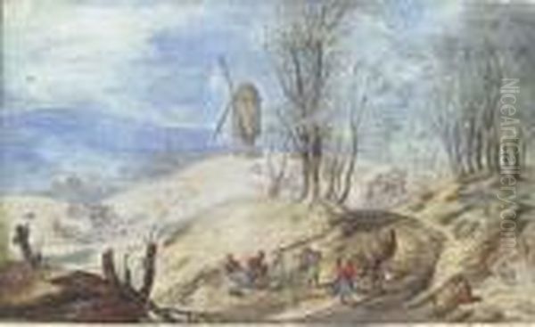 A Hilly Wooded Landscape With A 
Windmill, A Wagon And Peasants Inthe Foreground, A Village Beyond Oil Painting by Jan Breughel