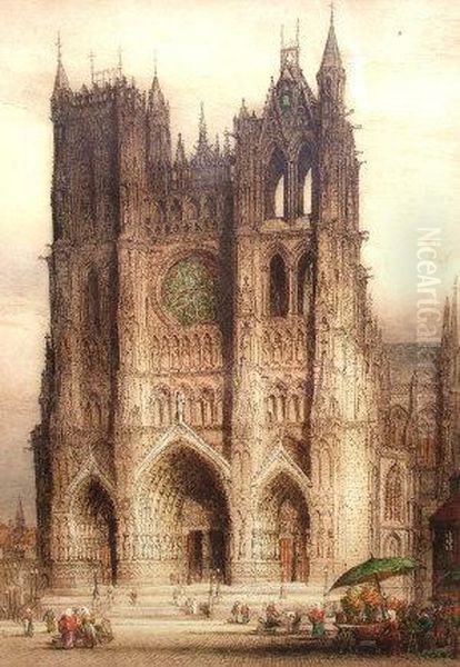 Act.-- 'amiens Cathedral' 
Published Sept 2nd 1918, Alfred Bell & Co., Old Bond St London Oil Painting by James Alphege Brewer
