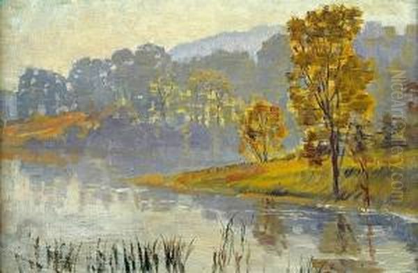View Of A Lake, View Of A Valley, And Family Entering A Field: Three Oil Painting by Anna Richards Brewster