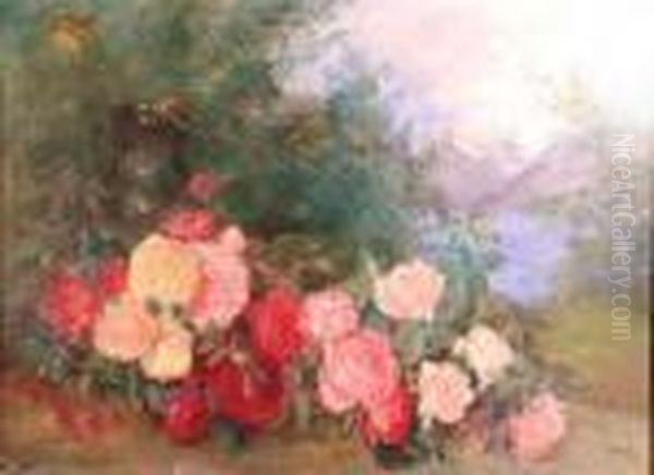 A Still Life With Bunch Of Roses In Jug And Butterflies On A Terrace Oil Painting by Francois Xavier Bricard