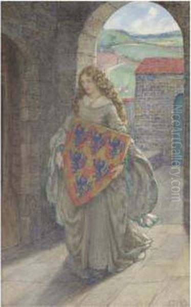Lancelot And Elaine - Then To 
Her Tower She Climbed And Took Theshield, Thus Kept It And So Lived In 
Fantasy. The Idylls Of Theking, Alfred Tennyson Oil Painting by Eleanor Fortescue Brickdale