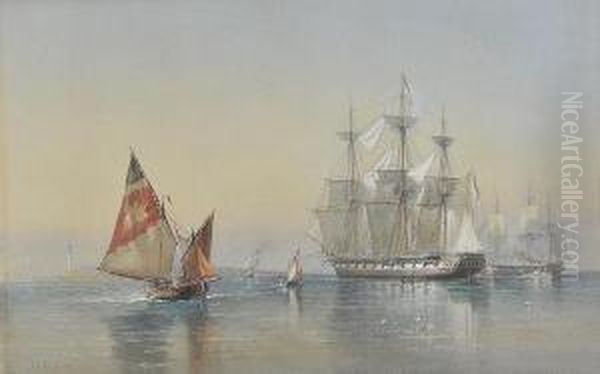 Man-o'-war And Other Shipping 
Off A Distant Harbour, Signed And Dated 1873, Watercolour Heightened 
With White Oil Painting by Sir Oswald Walter Brierly