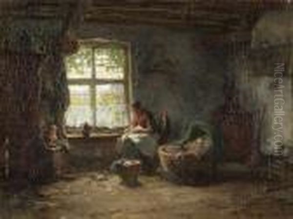 Nahende Bauerin An Der Wiege In
 Hollandischer Stube. Oil Painting by Arthur Briet