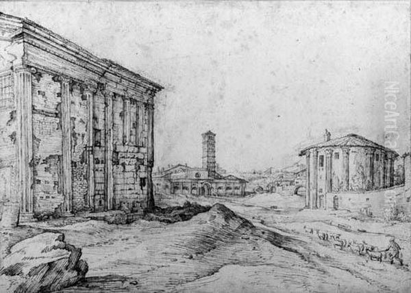 View Of The Piazza Della Bocca 
Della Verit, The Church Of S. Mariain Cosmedin In The Distance Oil Painting by Matthijs Bril