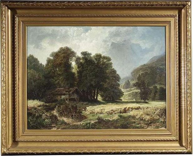 Bavarian Landscape With A 
Farmstead At Boundary Ridge. Oil/canvas/canvas, Signed, Verso On An Old 
Label Inscribed Oil Painting by Antonio, Anton Brioschi