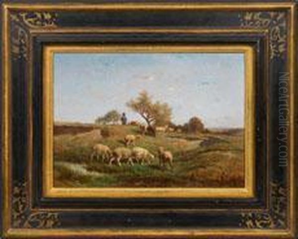 Schafer Mit Seiner Herde In Stimmungsvoller Sommerlandschaft Oil Painting by Felix Saturnin Brissot de Warville