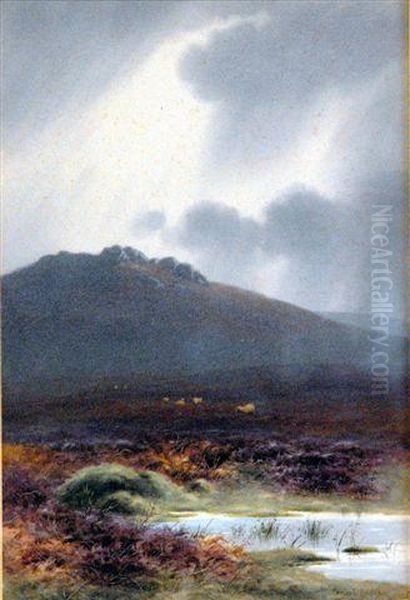 Watercolour, View Oftrowlsworthy, Dartmoor, Signed Oil Painting by Charles Edward Snr Brittan