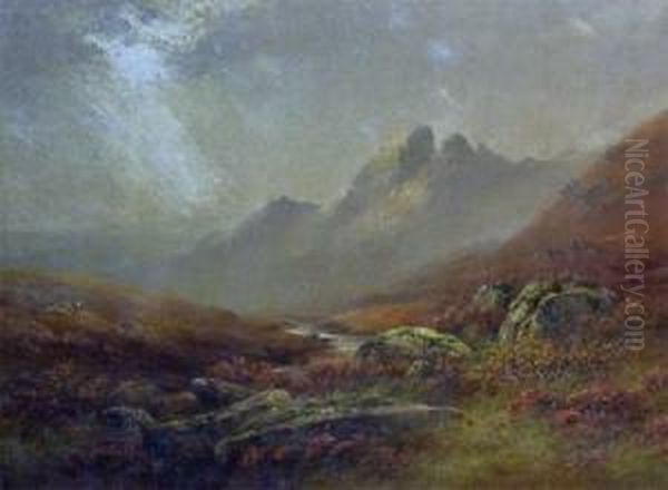 Signed, Oil, Sheep Grazing In Highland Landscape, 17 Oil Painting by Charles Edward Snr Brittan