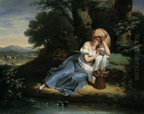 Suditalienische Landschaft Mit 
Rastender Junger Frau, Die Ein Tamburin Als Sonnenschutz Uber Sich Halt. Oil Painting by Karl Brulloff