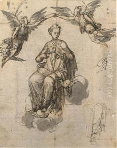 La Vierge Couronnee Par Deux 
Anges Avec Des Etudes Subsidiairesd'une Main Et D'une Jambe Drapee Oil Painting by Francesco Brizio