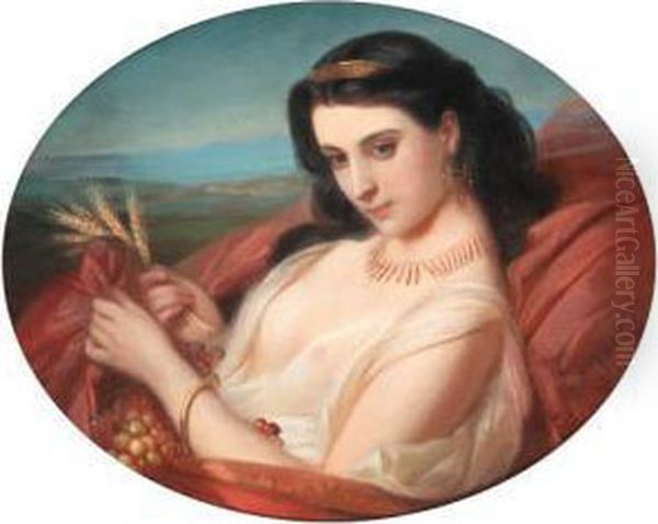 A Dark-haired Beauty Adorned 
With Wheat And Grapes; And A Youngreclining Beauty Swathed In A Robe Oil Painting by Constant Joseph Brochart