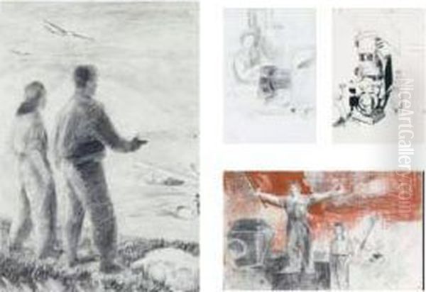 Figures Overlooking An Airport; 
Industrial Landscape With Workers(double-sided) With Factory Workers 
Operating A Machine Verso; Industry Worker At His Station Oil Painting by Isaak Israilevich Brodsky