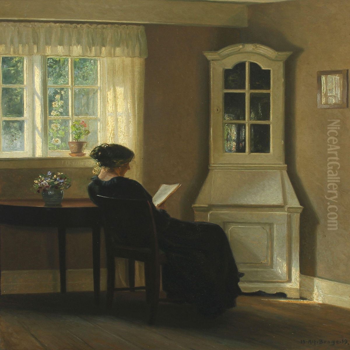 Interior With Reading Woman Oil Painting by Alfred K. Harald Broge