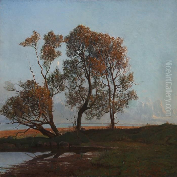 Late Summer Evening Near A Coast In The Light Of The Half-moon Oil Painting by Alfred K. Harald Broge