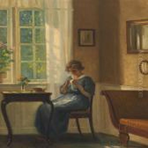 Interior With Sewing Woman By Window Oil Painting by Alfred K. Harald Broge