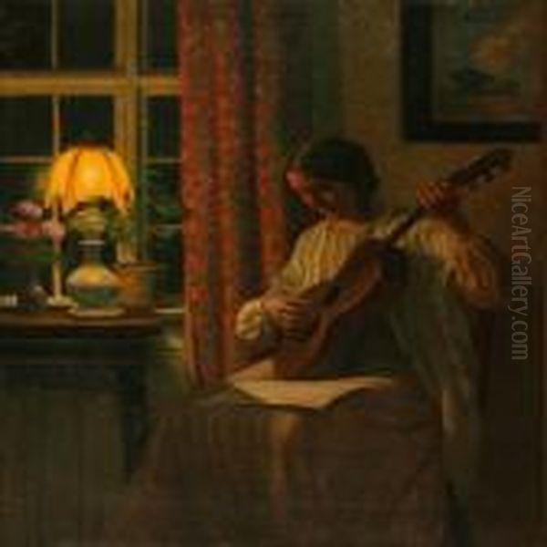 Drawing Room Interior With A Woman Playing The Guitar Oil Painting by Alfred K. Harald Broge