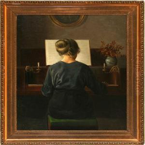 Interior With A Womanplaying The Piano Oil Painting by Alfred K. Harald Broge