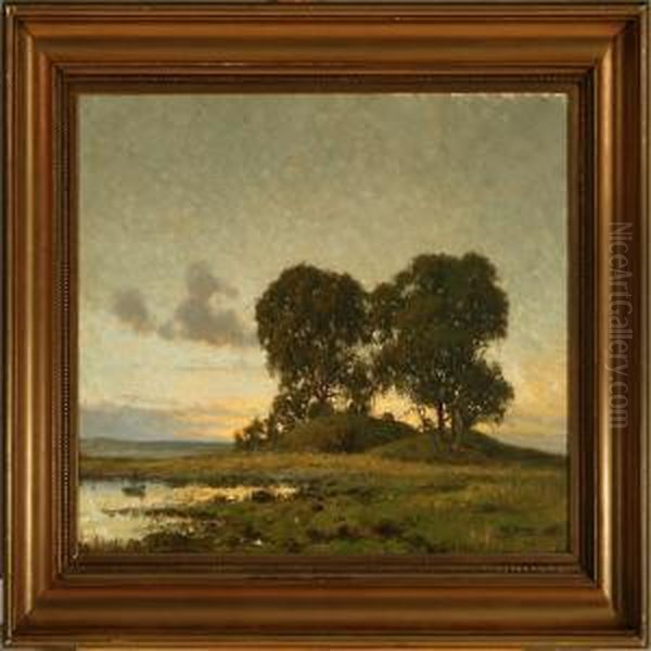 Overlooking A Danish Landscape At Sunset Oil Painting by Alfred K. Harald Broge