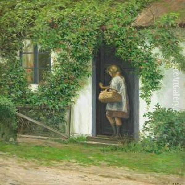 A Young Girl With A Basket Oil Painting by Alfred K. Harald Broge