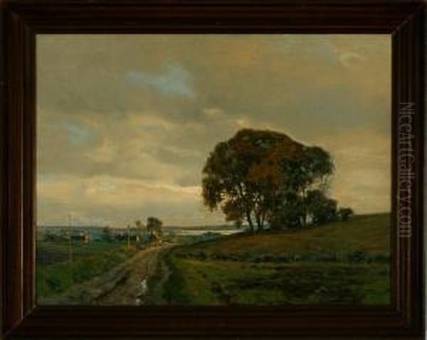 A Danish Autumn Landscape Oil Painting by Alfred K. Harald Broge