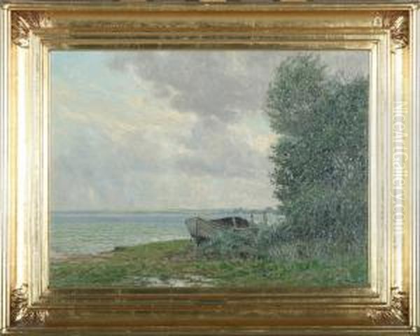 Coast With A Rowing Boat At The Beach Oil Painting by Alfred K. Harald Broge