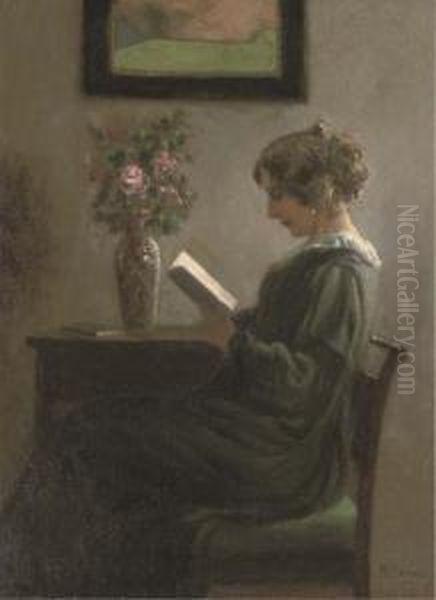 A Quiet Read Oil Painting by Alfred K. Harald Broge