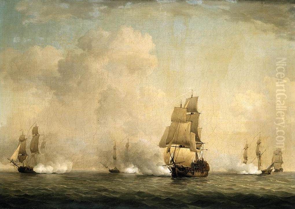 The Capture Of A French Ship By Royal Family Privateers Oil Painting by Charles Brooking