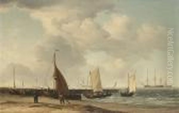 A Beach Scene With Men-o-war In The Distance Oil Painting by Charles Brooking